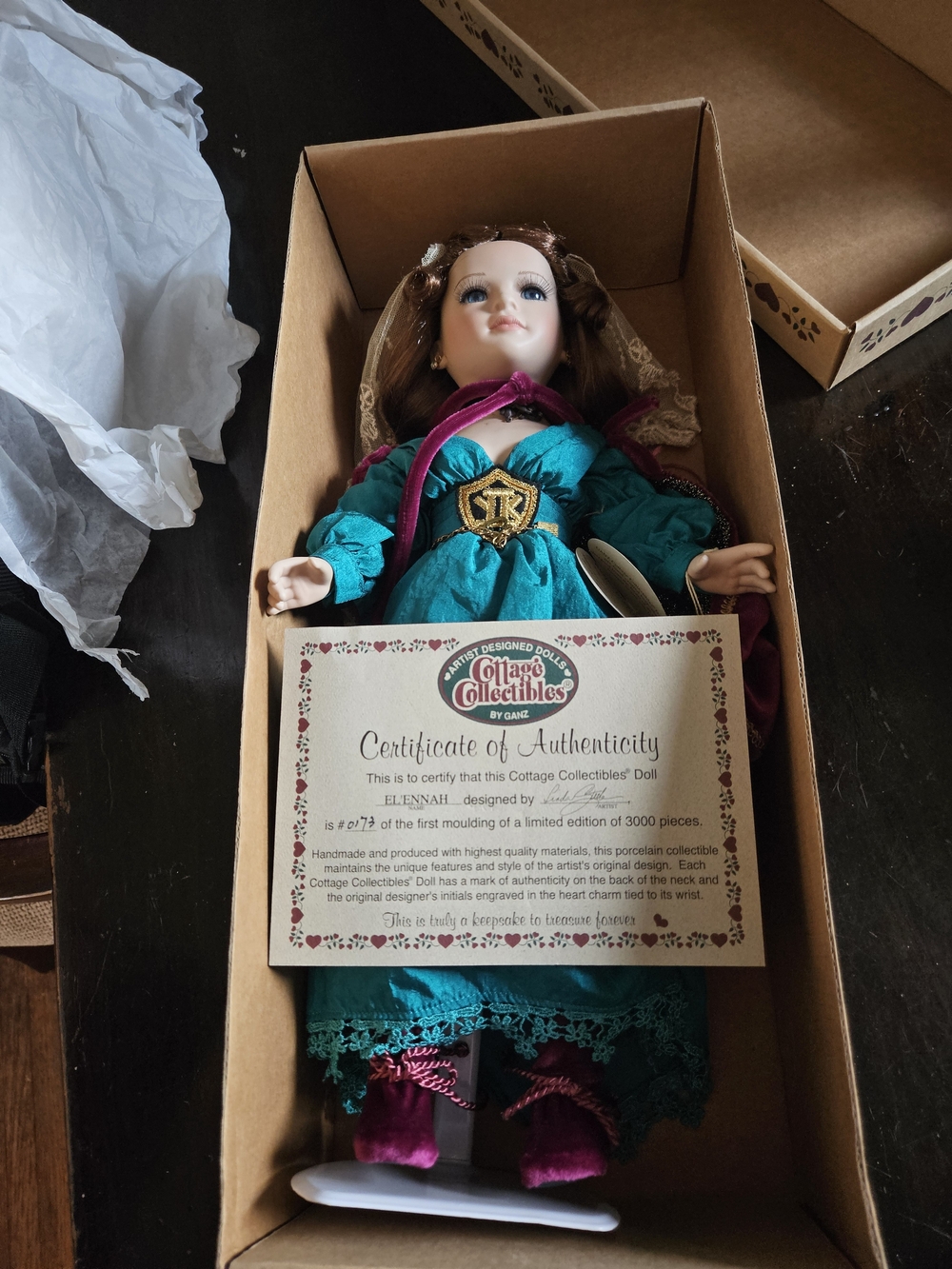 Teal & Purple Porcelain Doll - Certificate Included